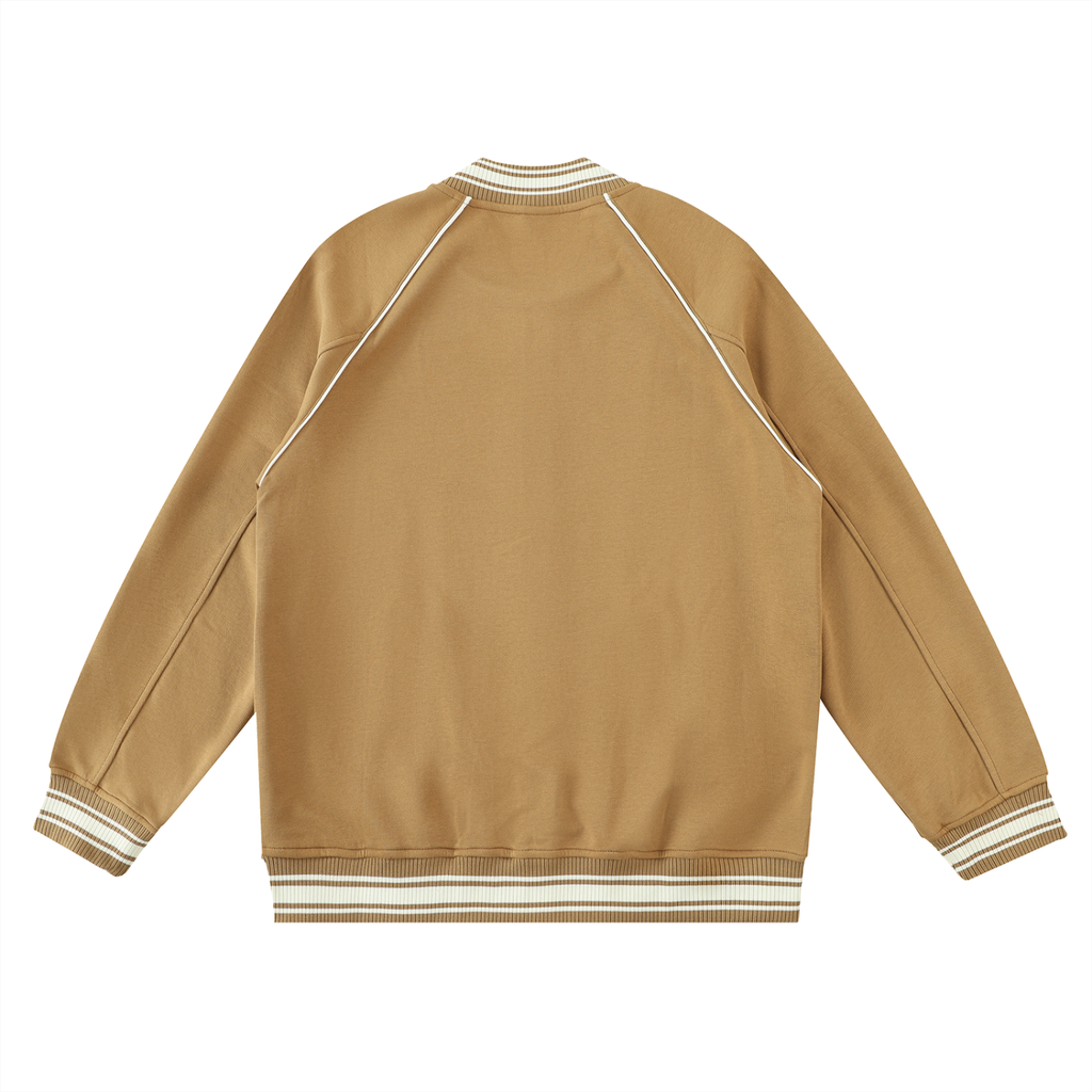 Camel button-up varsity jacket with striped rib-knit cuffs and hem, flat lay