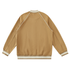 Camel button-up varsity jacket with striped rib-knit cuffs and hem, flat lay