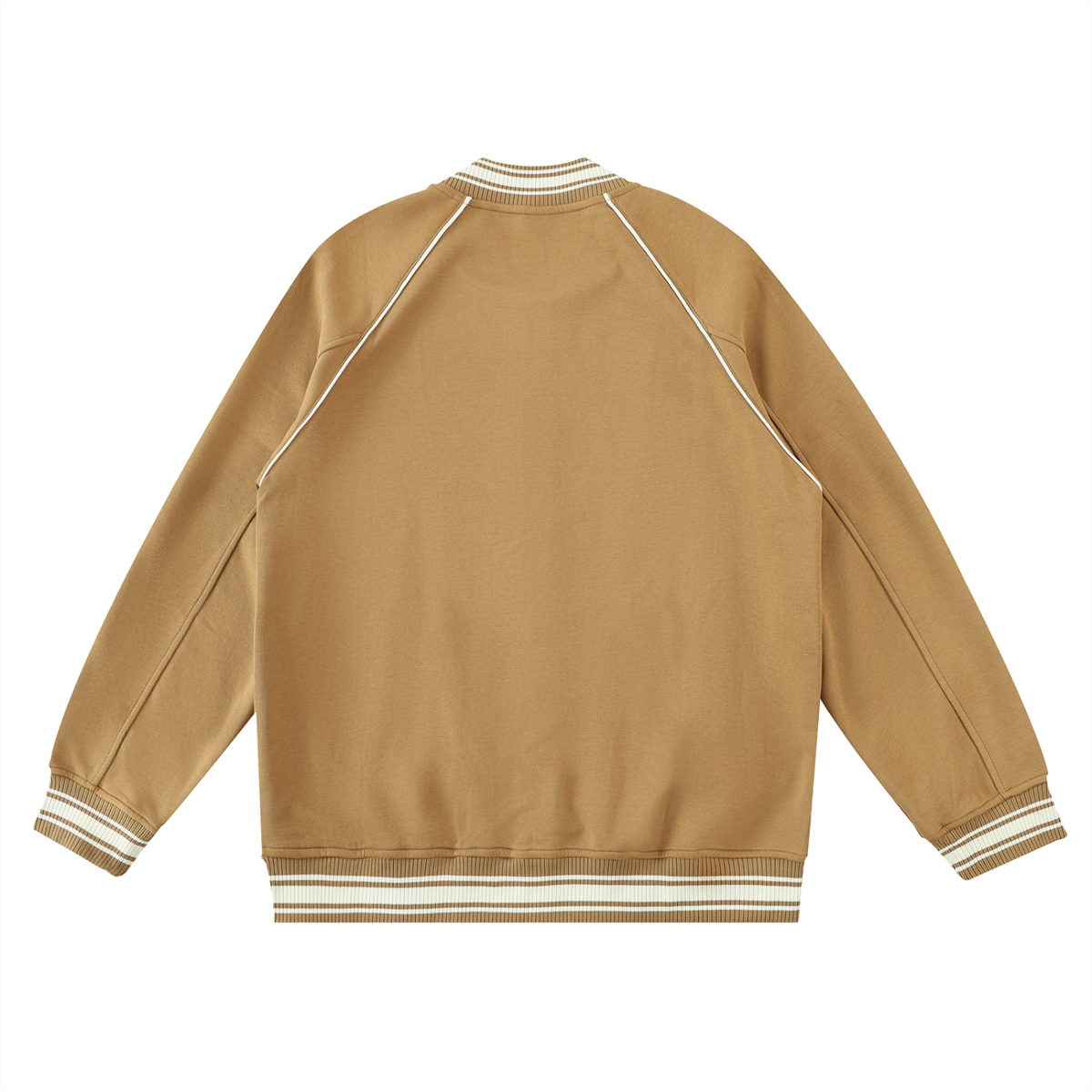 Camel button-up varsity jacket with striped rib-knit cuffs and hem, flat lay