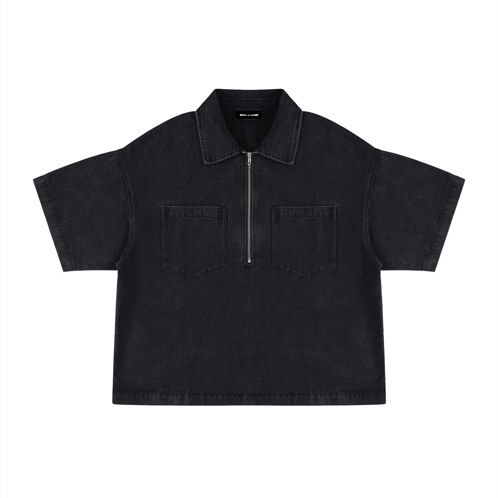Vintage Wash Boxy Quarter-Zip Denim Shirt