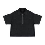 Vintage Wash Boxy Quarter-Zip Denim Shirt