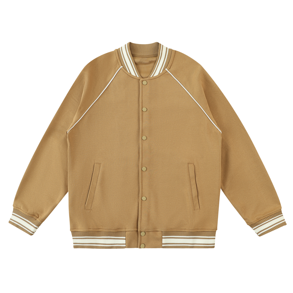 Camel tan raglan varsity jacket with cream contrast piping, front view