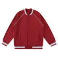 Red raglan varsity jacket with white contrast trim and button front, flat lay