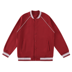 Red raglan varsity jacket with white contrast trim and button front, flat lay