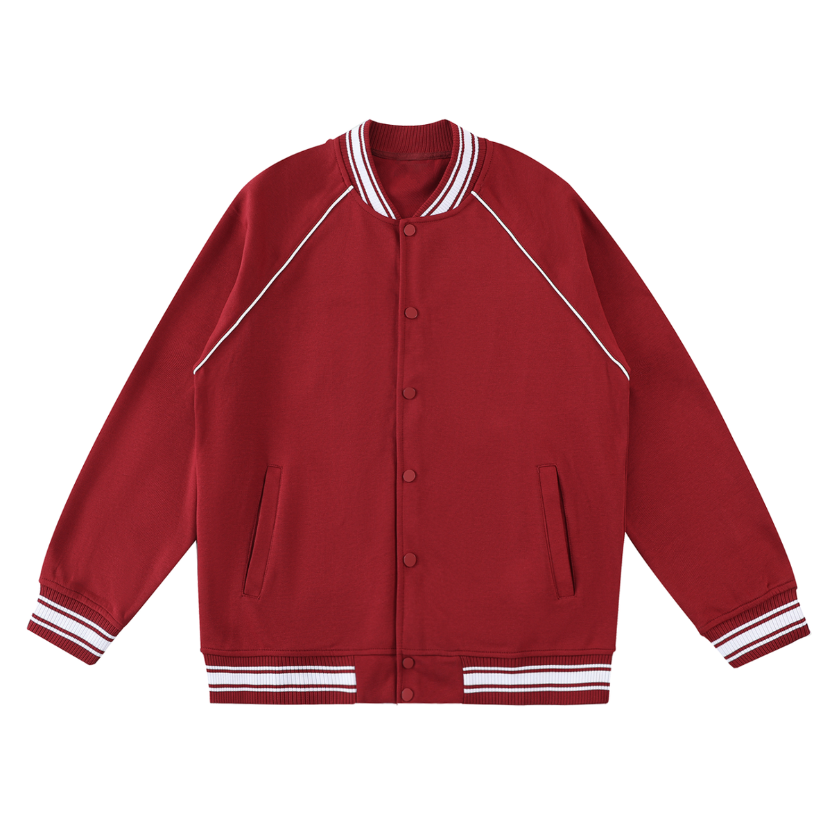 Red raglan varsity jacket with white contrast trim and button front, flat lay