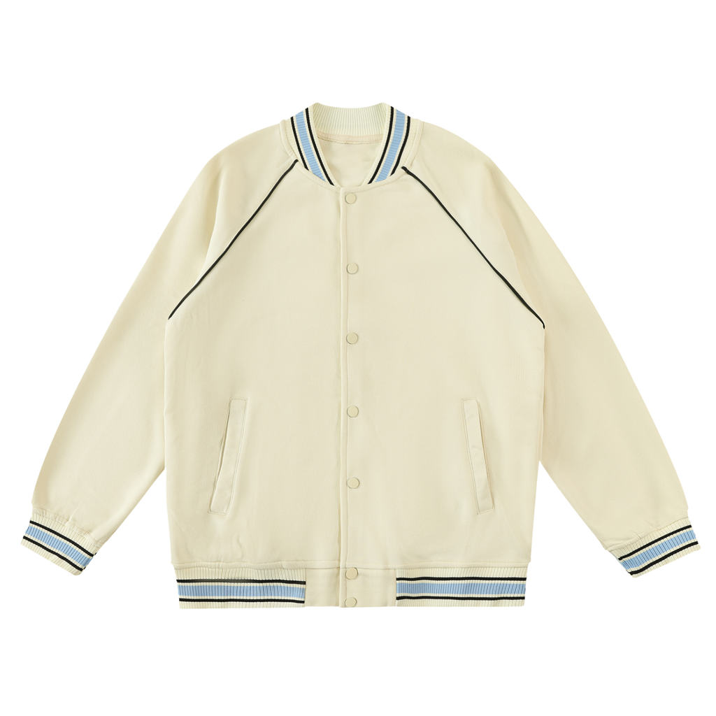 Cream raglan varsity jacket with grey-green contrast trim and striped cuffs, front view