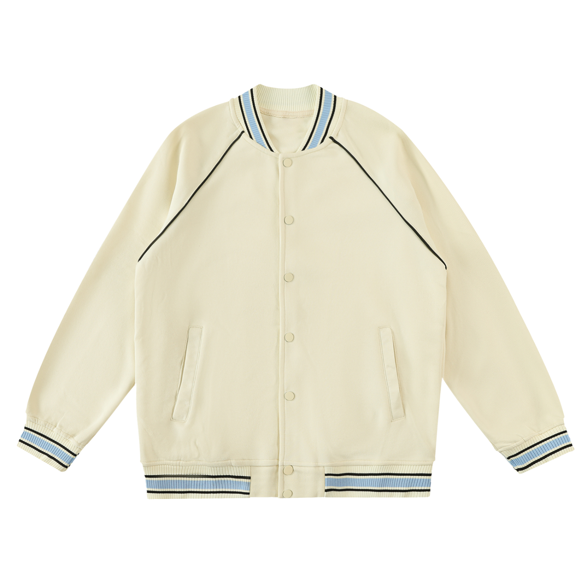 Cream raglan varsity jacket with grey-green contrast trim and striped cuffs, front view