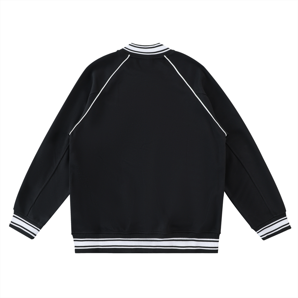 Black button-up baseball jacket with white contrast trim, flat lay