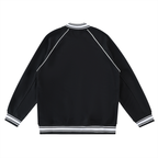 Black button-up baseball jacket with white contrast trim, flat lay