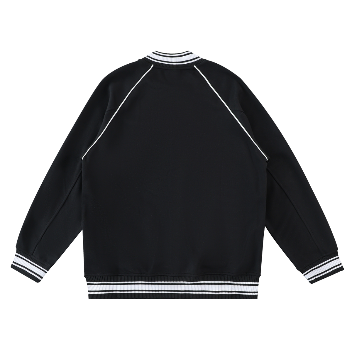 Black button-up baseball jacket with white contrast trim, flat lay