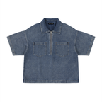 Vintage Wash Boxy Quarter-Zip Denim Shirt