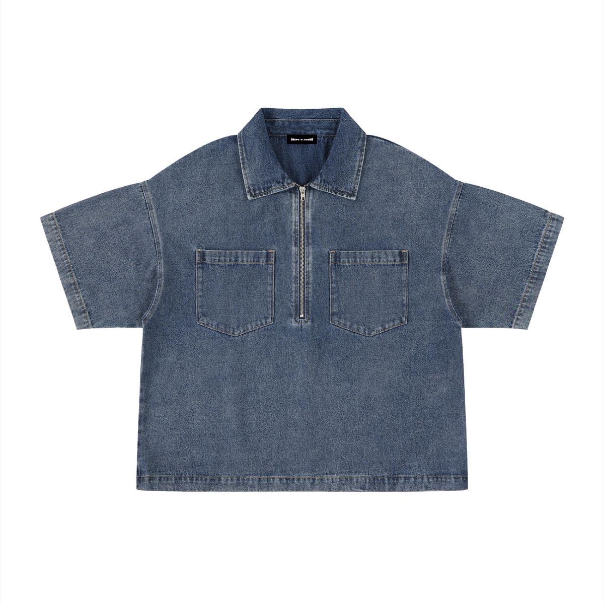 Vintage Wash Boxy Quarter-Zip Denim Shirt