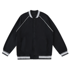 Black raglan varsity jacket with white contrast piping and striped rib-knit cuffs and hem, front view