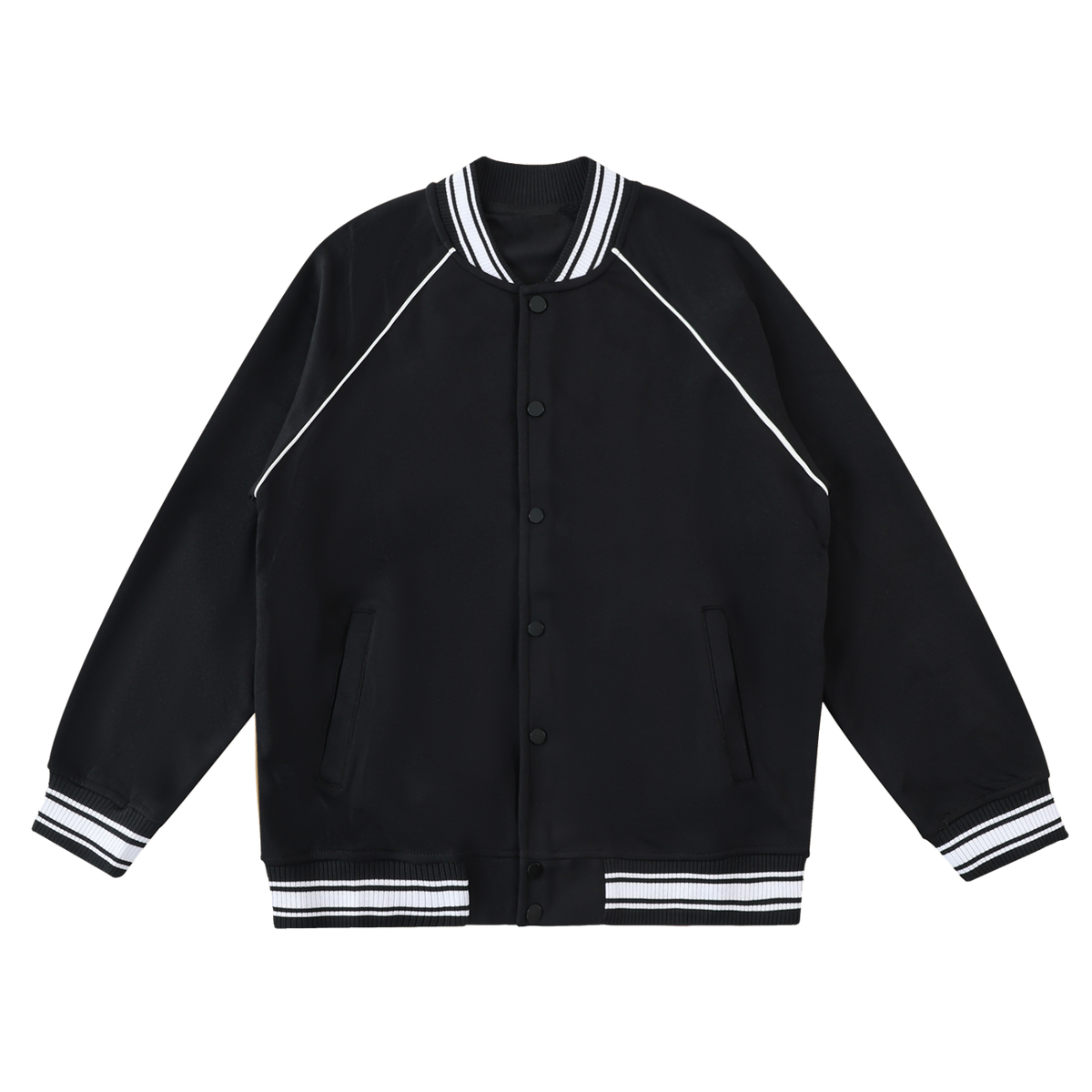 Black raglan varsity jacket with white contrast piping and striped rib-knit cuffs and hem, front view